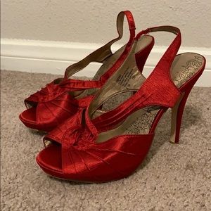 Red Satin Peep Toe Heels - Size 6.5